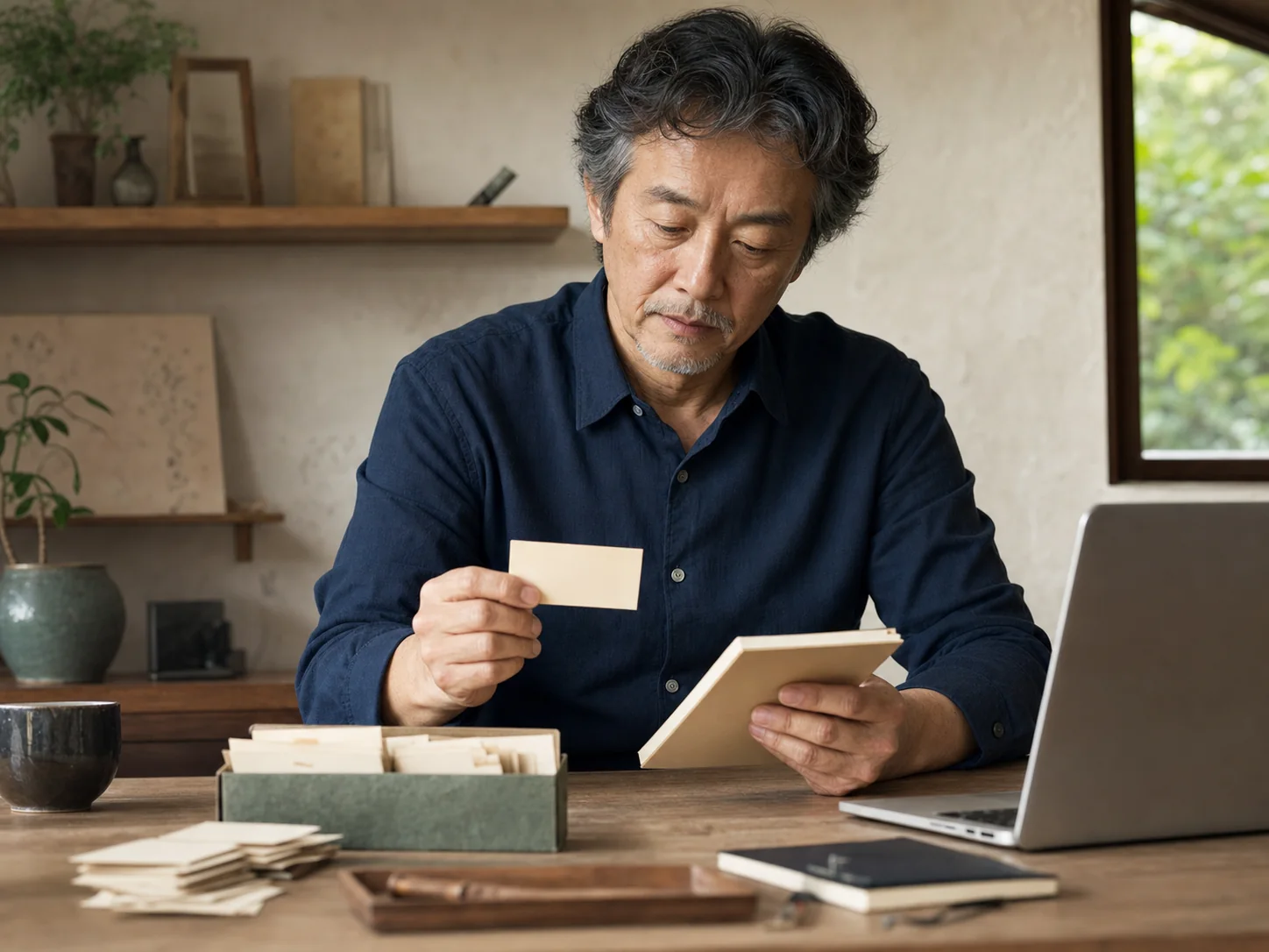 長年保存的名片與現在的工作工具，象徵持續使用的個人 Email